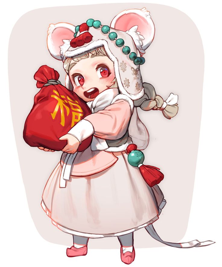 a cartoon mouse with a red bag in her hand and wearing a white hat on top of it