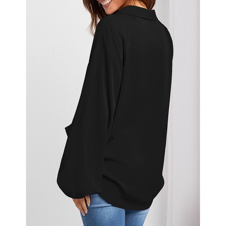 Black Solid V Neck Long Sleeve Shirt V Neck Long Sleeve Shirt, Lantern Sleeve Top, Outdoor Shopping, Loose Top, Top Shirt Women, Business Shirts, Loose Shirts, Casual Tops For Women, Loose Blouse