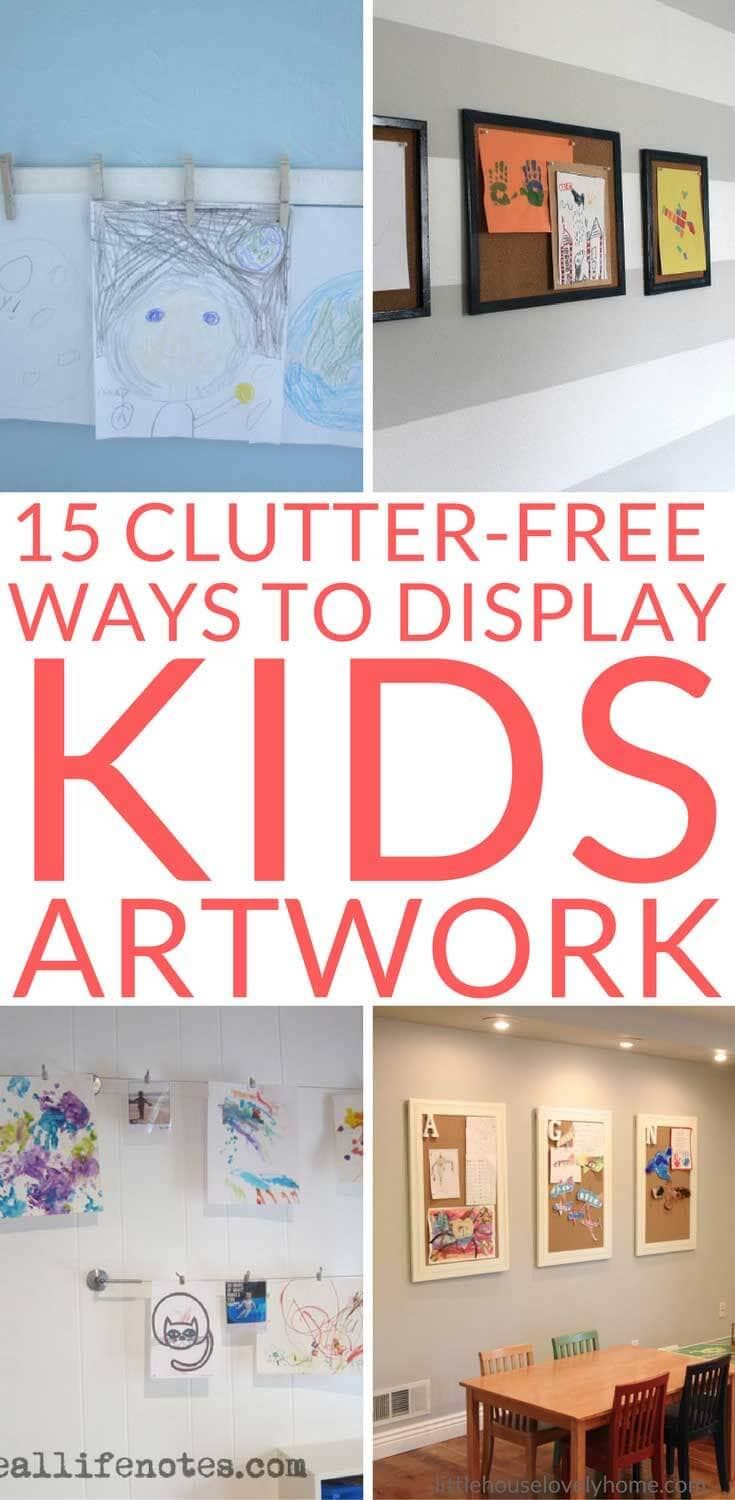 there are pictures of children's artwork on the wall and below them is an article about how to display kids art