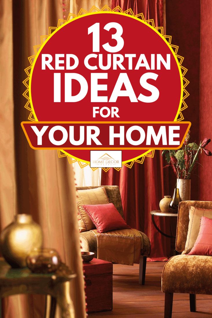 the cover of red curtain ideas for your home, featuring two chairs and a table