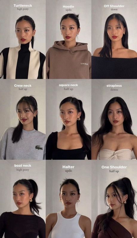 How To Wear Your Hair Based On Neckline, Hairstyles To Show Earrings, Hairstyle For Different Outfits, What Hairstyle For What Dress, Hairstyle For Long Neck, Hairstyles For Each Neckline, Hairstyles For Asymmetrical Dress, Hairstyle According To Neckline, One Shoulder Top Hairstyle