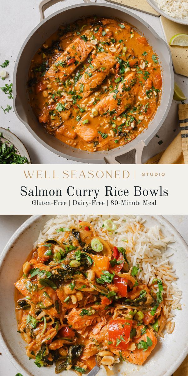 salmon curry rice bowls with white rice and vegetables