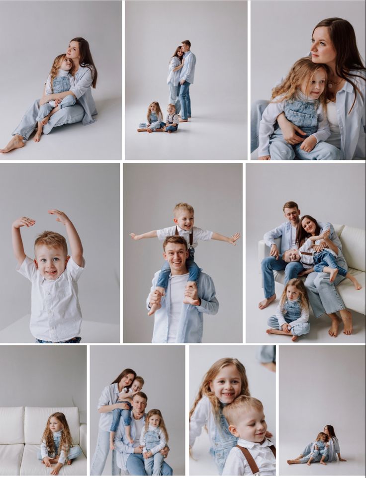 a collage of photos showing the same family's poses and how they are doing different things