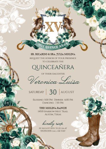 a wedding card with boots and flowers on the front, surrounded by green leaves and white roses