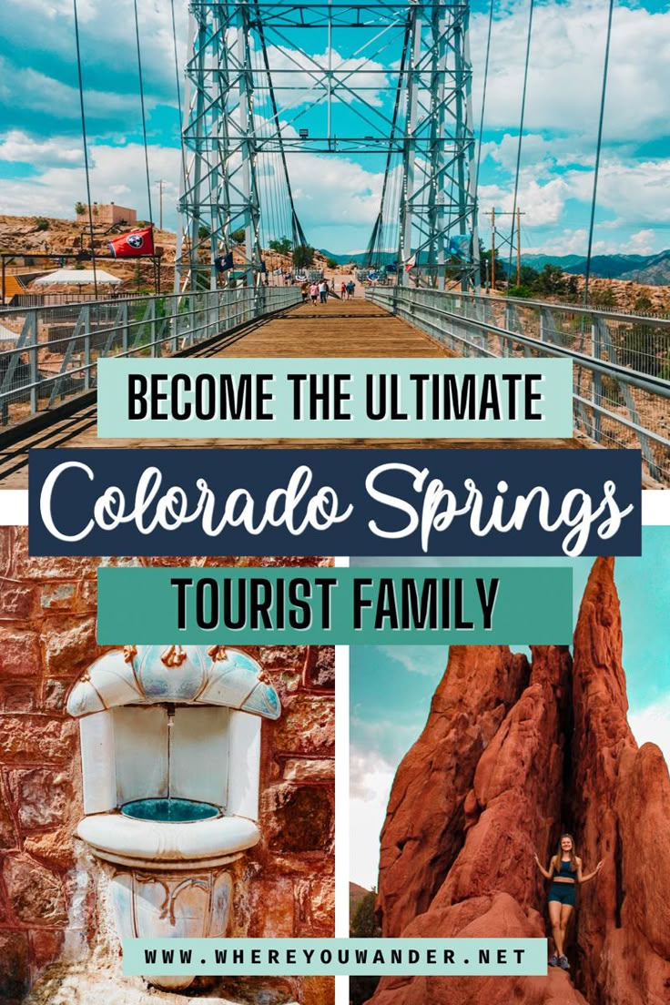 A photo of the Royal Gorge Bridge, a photo of a natural spring fountain and a photo of a woman standing in a red rock formation at Garden of the Gods Bueno Vista Colorado, Best Things To Do In Colorado Springs, Best Hikes In Colorado Springs, 7 Falls Colorado Springs, Colorado Springs In March, Colorado Springs Itinerary, Things To Do In Colorado Springs, Colorado Springs With Kids, Seven Falls Colorado Springs