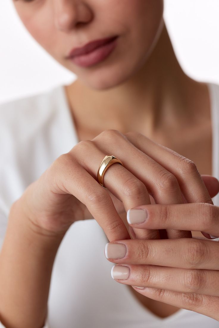 Handcrafted 8K - 14K - 18K Real Gold Minimalist Ring Solid Gold ( not filled or plated !! ) Product Description: This stunning adjustable gold ring is handmade with precision and care by skilled artisans in Turkey. Made from high-quality 10K, 14K, or 18K yellow gold, rose gold, or white gold, this ring boasts a gorgeous white zircon gemstone that adds elegance and sophistication to any outfit. The gemstone is expertly cut to dazzle and shimmer in the light. The band itself is a beautiful yellow color that adds warmth to the piece, and it can be personalized to fit your size. This is a recycled item, made to order. Highlights: - Handmade item - Made from 10K, 14K, or 18K yellow gold, rose gold, or white gold - Weights 10K = 1,40gr 14K = 1,58gr 18K = 1,87gr  - Features a stunning white zirco Luxurious Minimalist Bands For Gifts, Everyday Yellow Gold Initial Ring With Round Band, Minimalist Jewelry With Tension Setting For Anniversary, Minimalist Anniversary Jewelry With Tension Setting, Timeless Everyday Yellow Gold Initial Ring, Everyday Yellow Gold Recycled Gold Signet Ring, Elegant White Gold Wide Band Ring For Everyday, Minimalist Open Band With Tension Setting, Minimalist Engraved Gold Ring In Recycled Gold