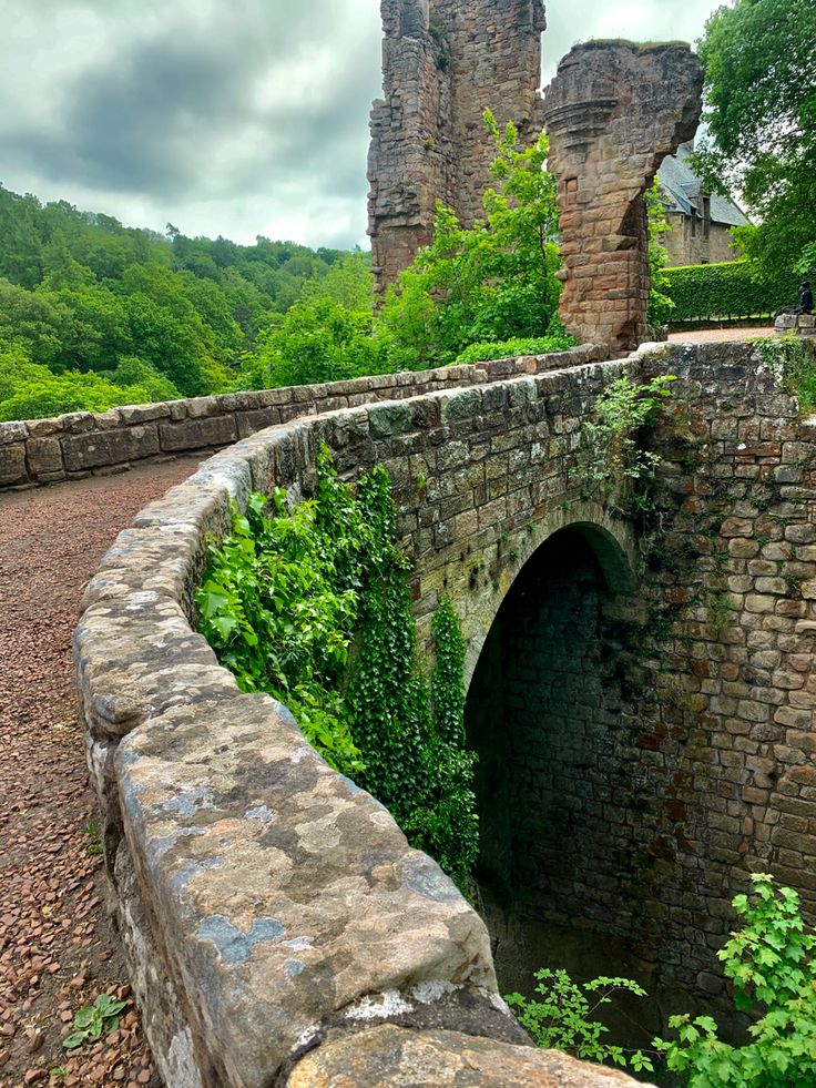 an old stone bridge with ivy growing over it