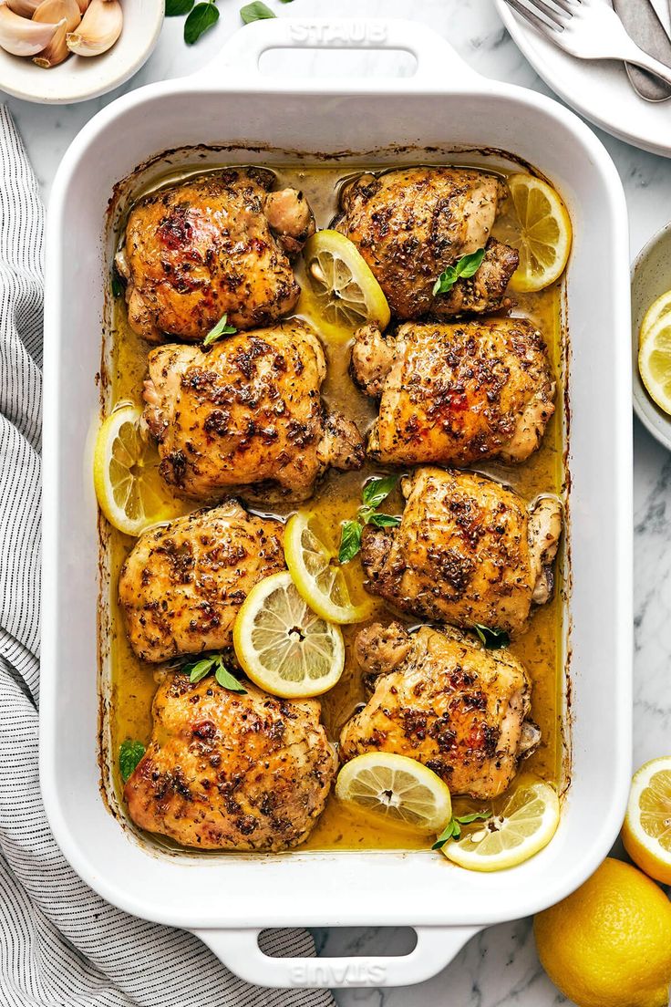 This Greek lemon chicken is the best dinner with juicy, tender, and crisp chicken thighs baked coated in a delicious lemon-herb marinade. Mediterranean Plates, Crisp Chicken, Lamb Koftas, Herb Marinade, Greek Chicken Recipes, Greek Lemon Chicken, Lemon Chicken Recipe, Lemon Herb, Baked Chicken Thighs