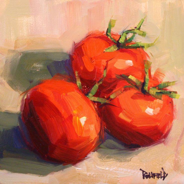 a painting of three tomatoes on a table