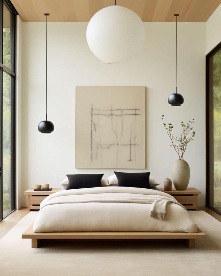 a large white bed sitting in a bedroom next to two black and white vases