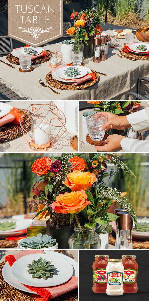 the table is set with orange flowers and place settings for an outdoor dinner or brunch party