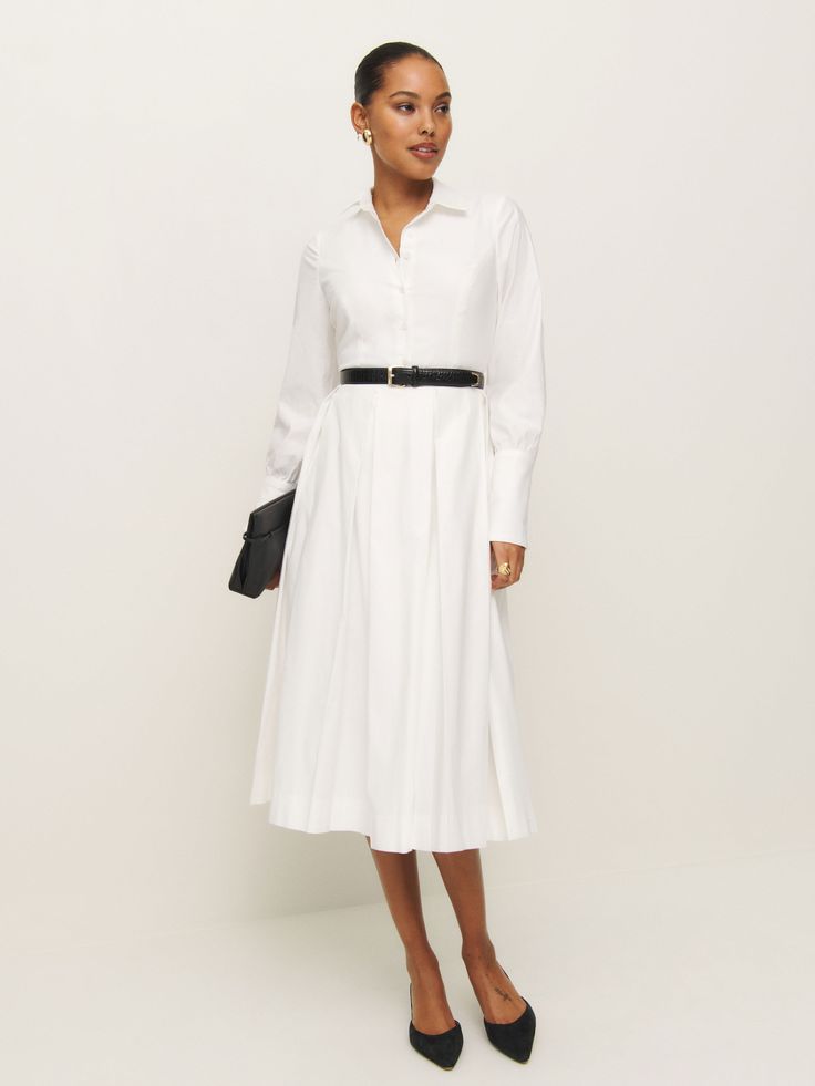 How classic. Shop the Ambra Dress from Reformation, a long-sleeve midi dress with a collared neckline, button front, and puff sleeves. Extra Dresses, Classic Midi Dress, Skirt With Pleats, The Reformation, Long Sleeve Midi, Flowy Skirt, White Midi Dress, Long Sleeve Midi Dress, New Tops