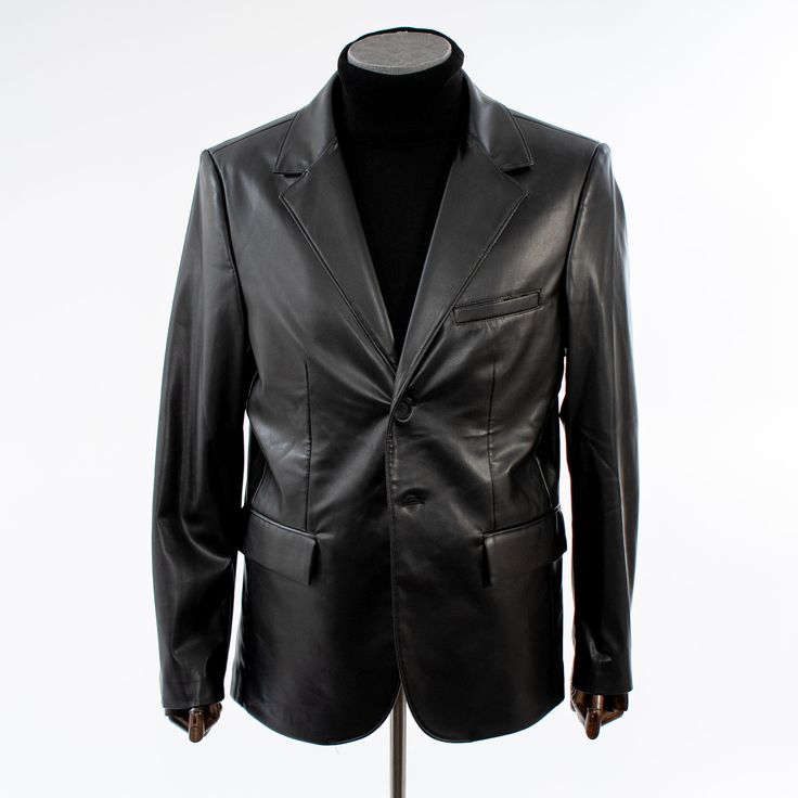 Men's Black Slim-Fit Leather Blazer Vegan Leather Hugging Silhouette, Men's Leather Jacket, Leather Blazer, Black Blazers, Single Breasted, Environmentally Friendly, Pu Leather, Dry Clean, Leather Jacket