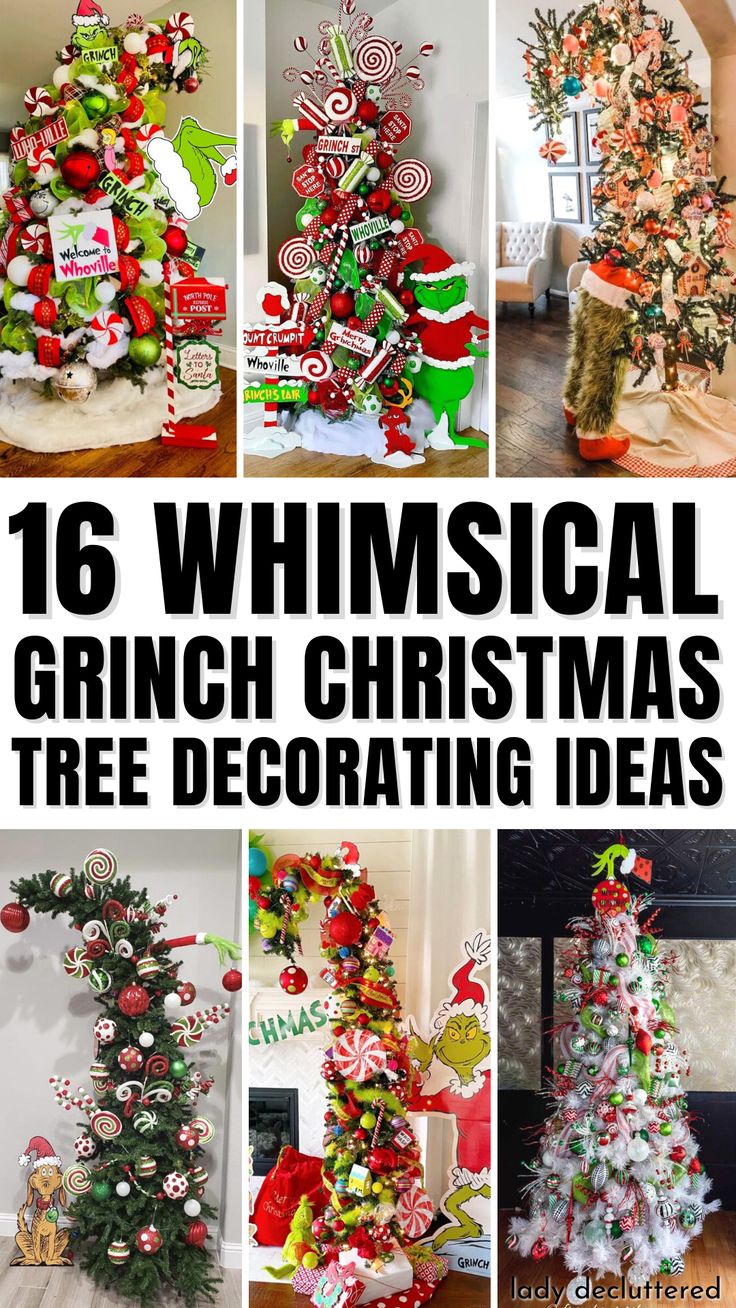 16 Whimsical Grinch Christmas Tree Decorating Ideas Grinch Event Ideas, Table Top Grinch Tree, Leaning Grinch Tree, Grinch Themed Christmas Decorations, Table Top Grinch Christmas Tree, Magical Christmas Tree Ideas, Grinch Christmas Tree Ideas Themed Decor, Decorated Grinch Christmas Tree, Whimsical Grinch Christmas Tree