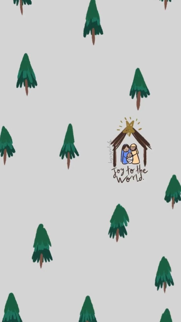 a nativity scene with pine trees and a star