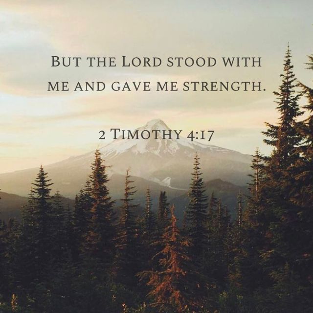 a mountain with trees and the words, but the lord stood with me and gave me strength