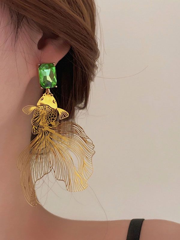 Animal Shape Rhine Stones Drop Earrings GOLD-One_size Party Green Gold-plated Earrings, Yellow Gold Plated Party Earrings, Ethereal Accessories, Ethereal Jewelry, Cotton Dresses Summer, Neck Wrinkles, Dress Stand, Leisure Fashion, Cotton Shirt Dress