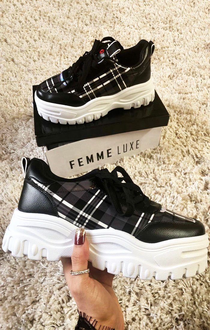 Black check Print Chunky Trainer - Jessi Chunky Trainers, Latest Trend, Jeans Black, Hoka Running Shoes, Trainers Women, The Black, Casual Style, Latest Trends, Print Design