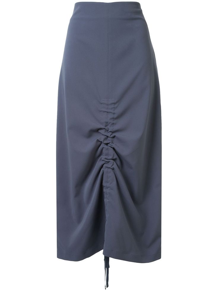 Teal blue ruched midi skirt from GOEN.J featuring a cinched waist, a concealed side zip fastening, a drawstring fastening, ruched details and a mid-length. | GOEN.J Ruched Midi Skirt Organza Midi Skirt, Teal Skirt, Ruched Midi Skirt, Latest Skirts, Ruched Skirt, Satin Midi Skirt, Black Midi Skirt, Straight Skirt, Gray Skirt