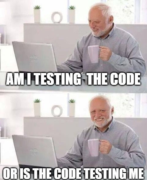 an older man holding a coffee cup and looking at a laptop screen with the caption, i am testing the code or is the code testing me?