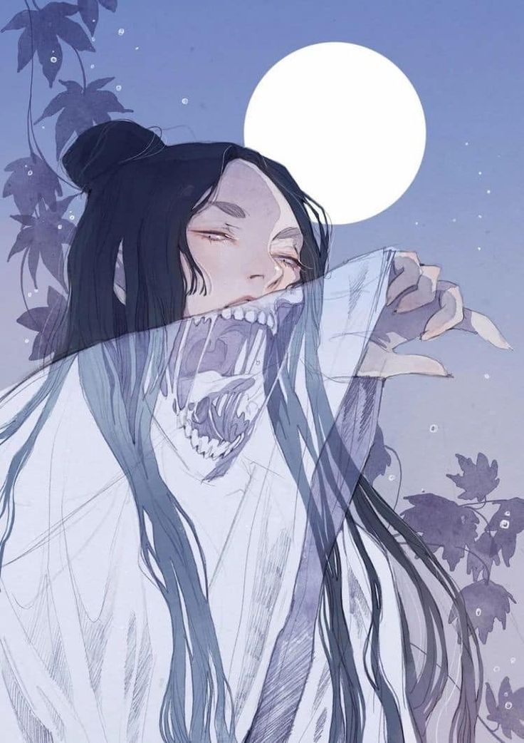 an illustration of a woman with long hair holding her head in front of the moon