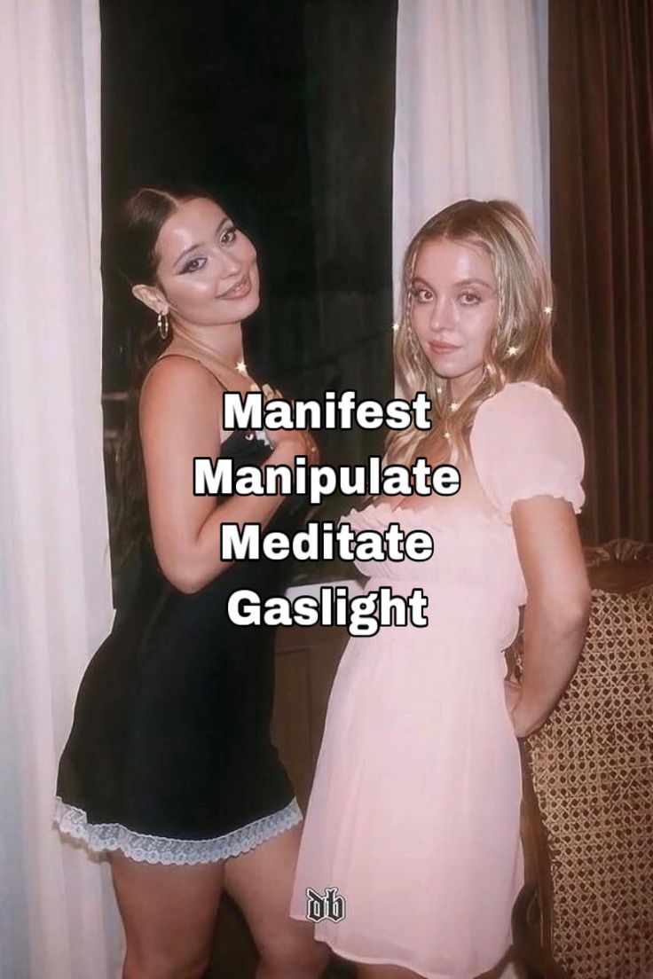 two beautiful women standing next to each other in front of a window with the words manfist manipulate meditate gaslight