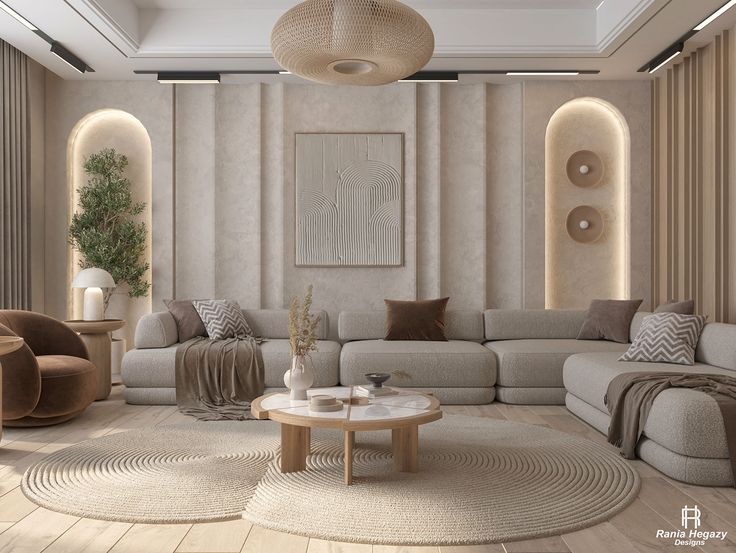 a modern living room with beige and neutral decor