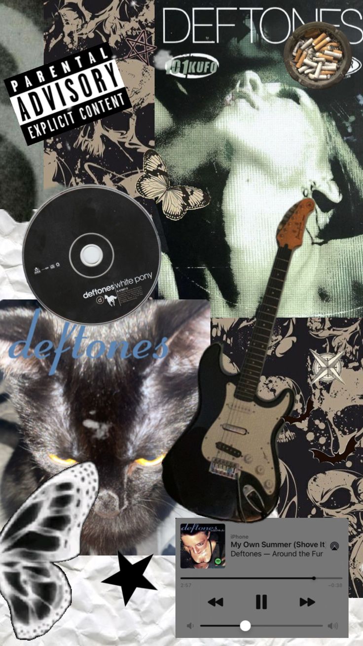 a collage of various music related items including a guitar, an album cover and a cat