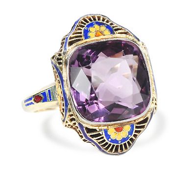 Art Deco Amethyst Enamel Ring - Purple Sapphire Ring, Filigree Ring Gold, Purple Sapphire, Enamel Ring, Deco Jewelry, Gold Filigree, Filigree Ring, Seed Pearl, Art Deco Ring