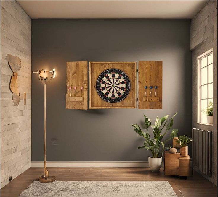 a living room with darts on the wall