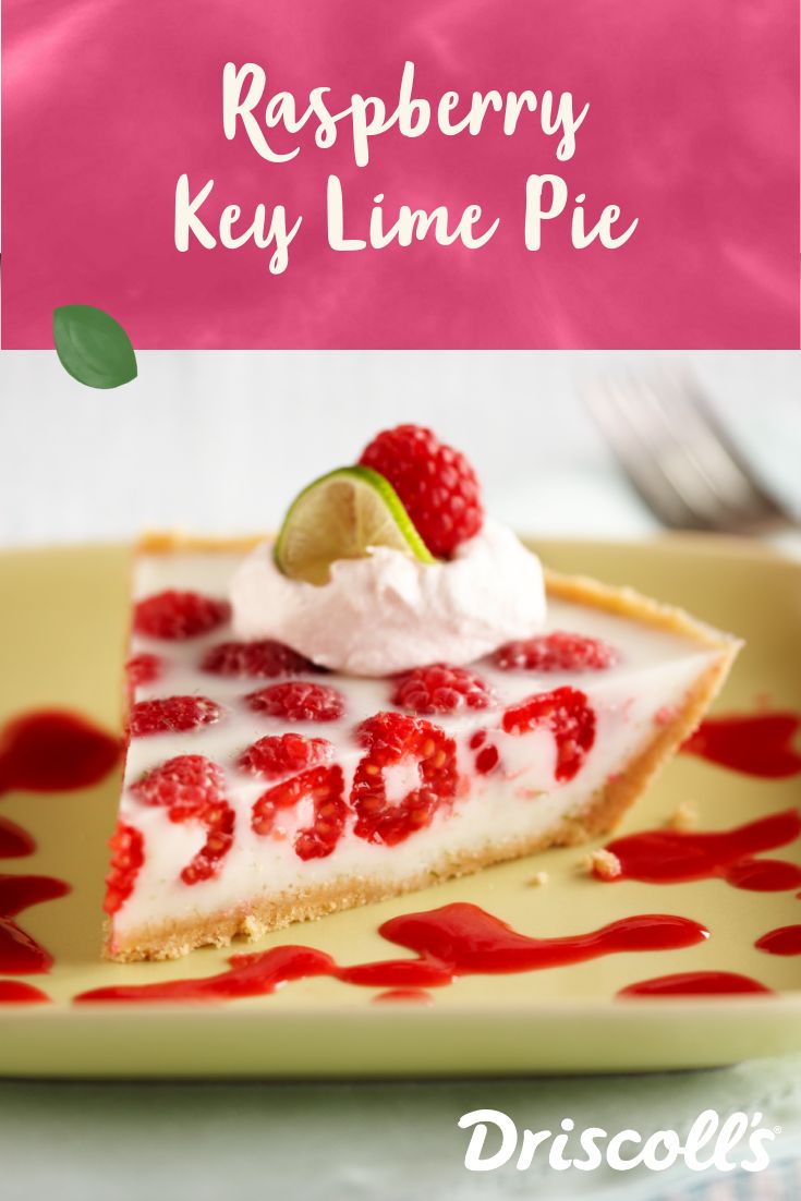 raspberry key lime pie on a plate with text overlay that says raspberry key lime pie