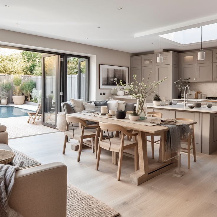 an open kitchen and living room area with sliding glass doors that lead to the pool