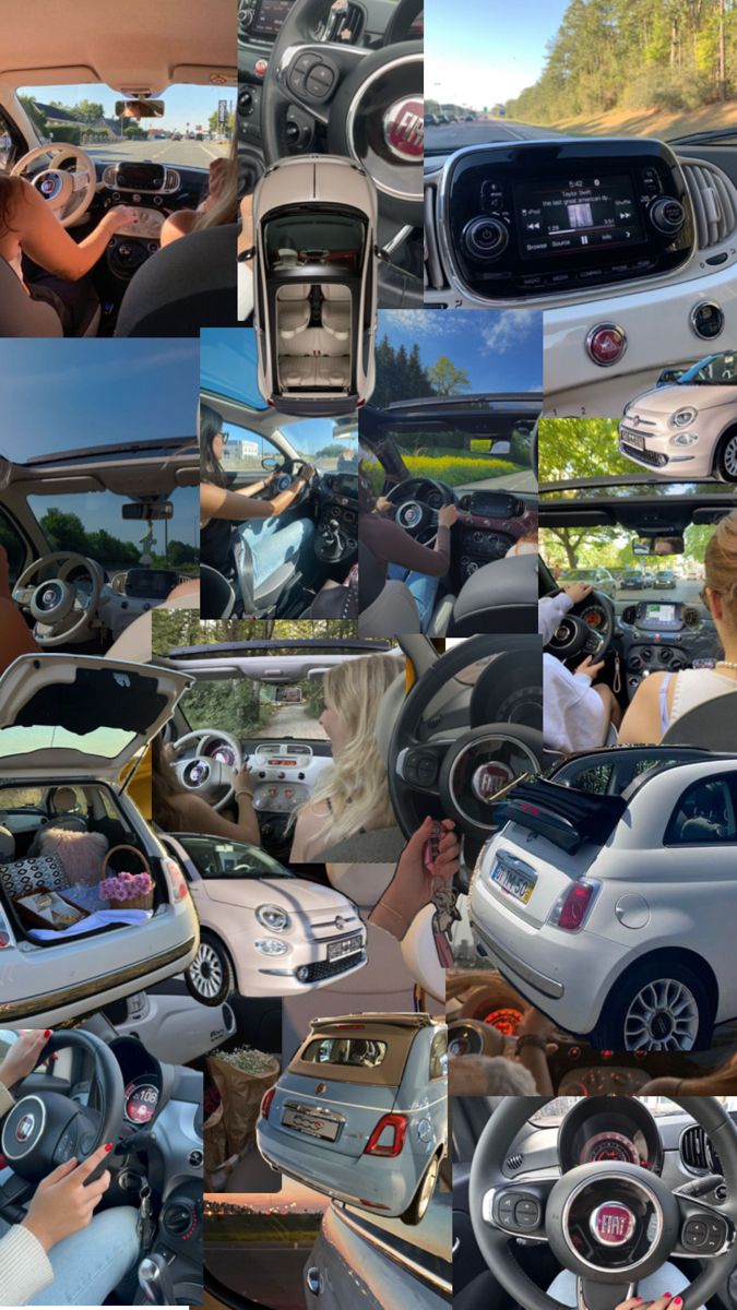 a collage of photos showing different types of cars and people in the drivers seat