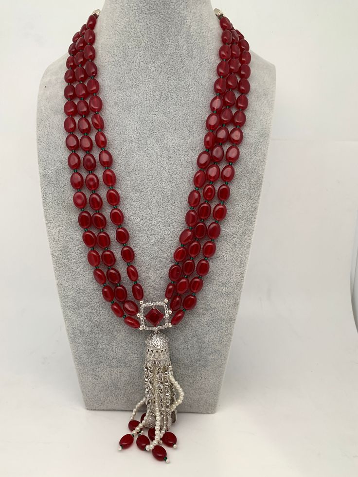 AD Red Stone Pendent Red Monalisa Beads Mala Necklace Length : 24 Inches No Earrings Red Crystal Necklaces For Celebrations, Red Coral Necklaces For Party, Red Coral Necklace For Party, Elegant Red Coral Beads For Jewelry Making, Red Crystal Dangle Jewelry, Red Dangle Necklaces For Party, Elegant Red Coral Gemstone Beads, Elegant Handmade Red Beads, Gems, And Cabochons, Red Ruby Beads For Gifts