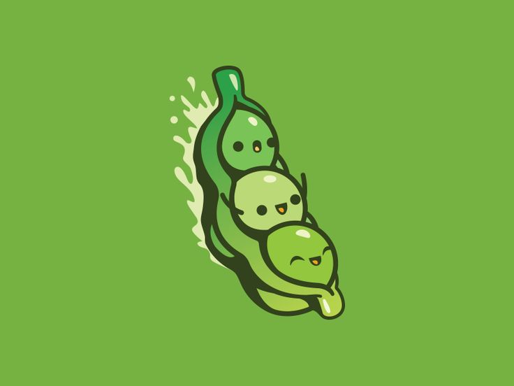 three peas in a pod with faces drawn on them, and one pealing has its head