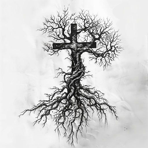 a black and white photo of a cross with tree roots growing out of the cross