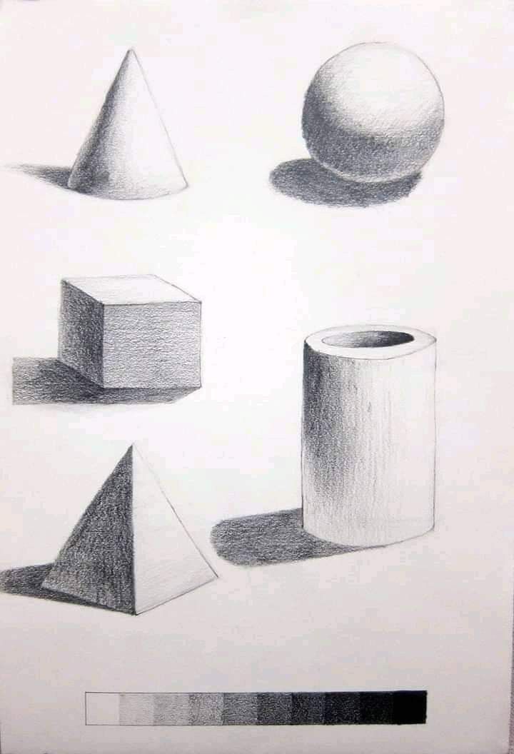 graphite drawings of shapes and sizes on paper, including a ball, cone, and cylinder