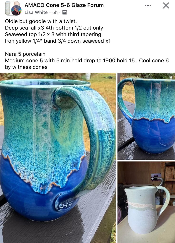 a blue and white pitcher sitting on top of a wooden table