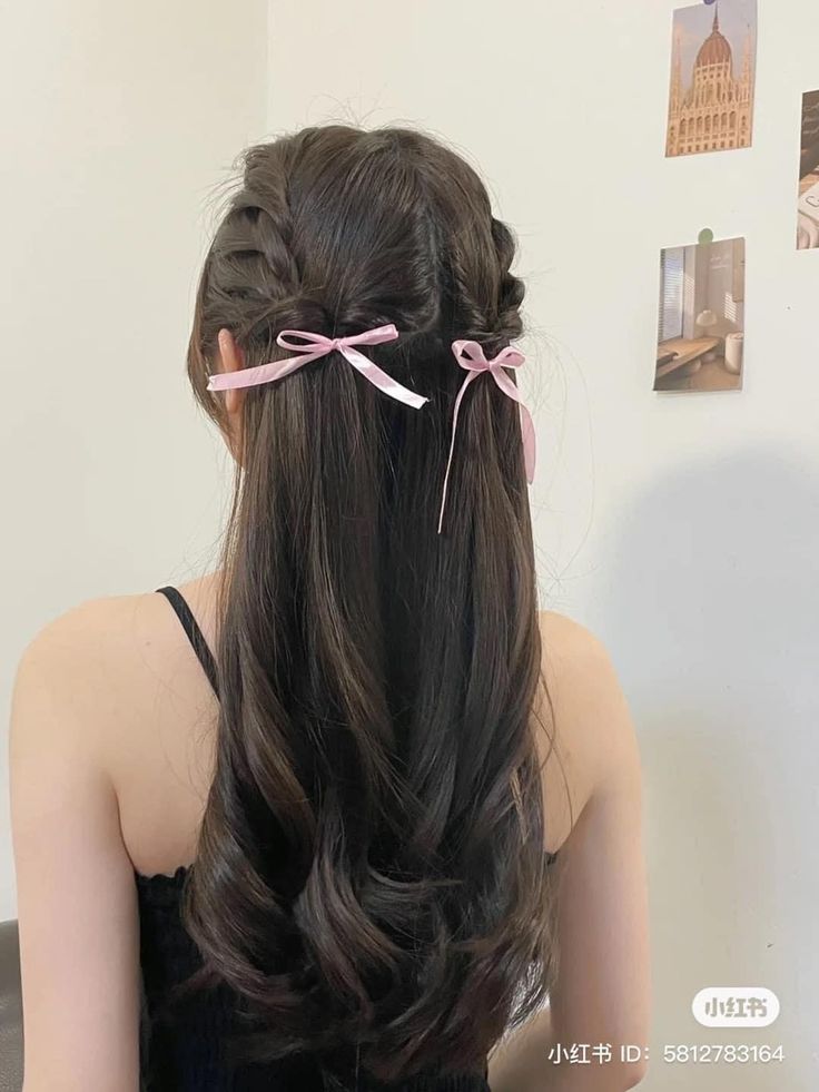 Summer Korean Hairstyle, Korean Open Hair Hairstyles, Korean Hairstyle With Bow, Aesthetic Open Hairstyles, Open Long Hair Hairstyles, Aesthetic Flannel, Κούρεμα Bob, Hair Style Korea, Hair Inspiration Long