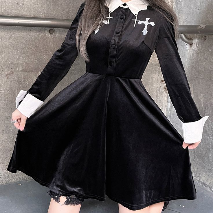 Color: BlackMaterial: Polyester Size Length(cm)(inch) Bust(cm)(inch) Waist(cm)(inch) S 83/32.67 88/34.64 68/26.77 M 85/33.46 93/36.61 73/28.74 L 87/34.25 98/38.58 78/30.70 Black Long Sleeve Punk Dress, Gothic Long Sleeve Dress For Night Out, Gothic Knee-length Mini Dress, Black Gothic Dress For Fall, Black Gothic Fall Dress, Black Mini Dress For Costume, Black Fall Cosplay Dress, Black Fitted Mini Dress For Cosplay, Black Long Sleeve Mini Dress For Costume Party