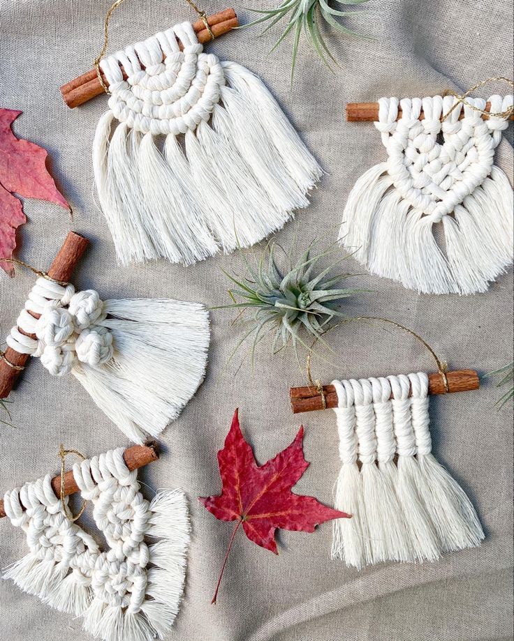 some white tassels are sitting on a table with red leaves and air plants