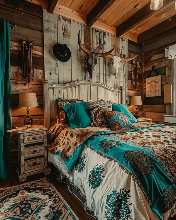 a bed room with a neatly made bed and a cow skull mounted to the wall