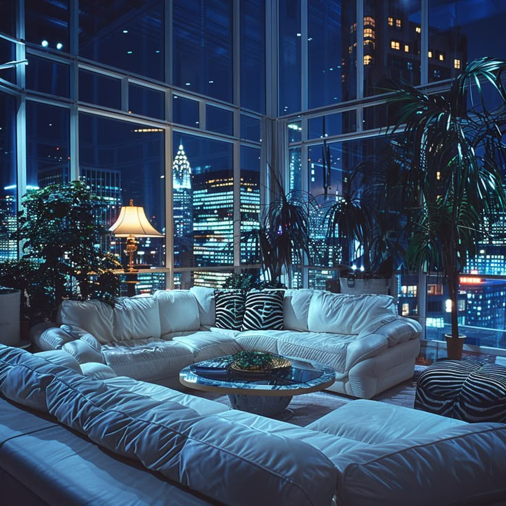 a living room filled with white furniture and tall buildings in the background at night time