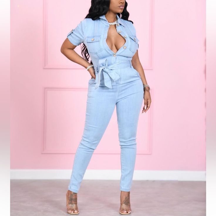 Short Sleeve One Piece Jumpsuits Stretch Front Self Tie Button Closure Denim Jumpsuits, Denim Jumpsuit, Date Night, Short Hair, New Look, Pant Jumpsuit, Jumpsuit Romper, Color Blue, Pants For Women