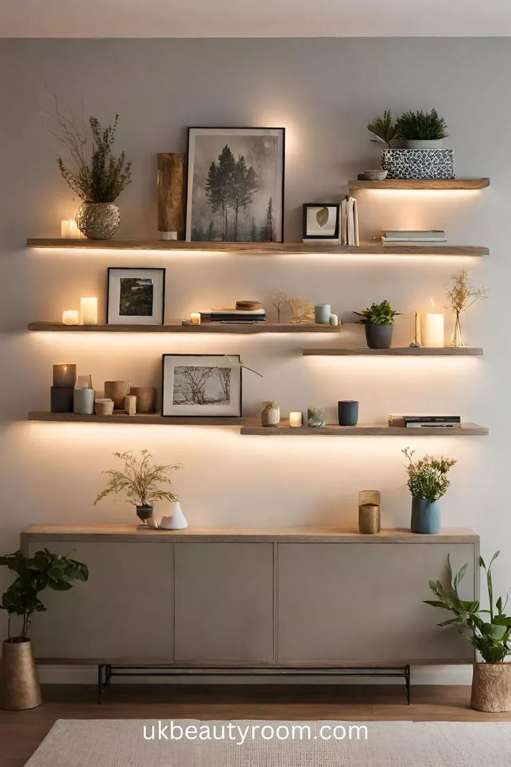 a living room filled with lots of furniture and plants on top of shelves next to candles