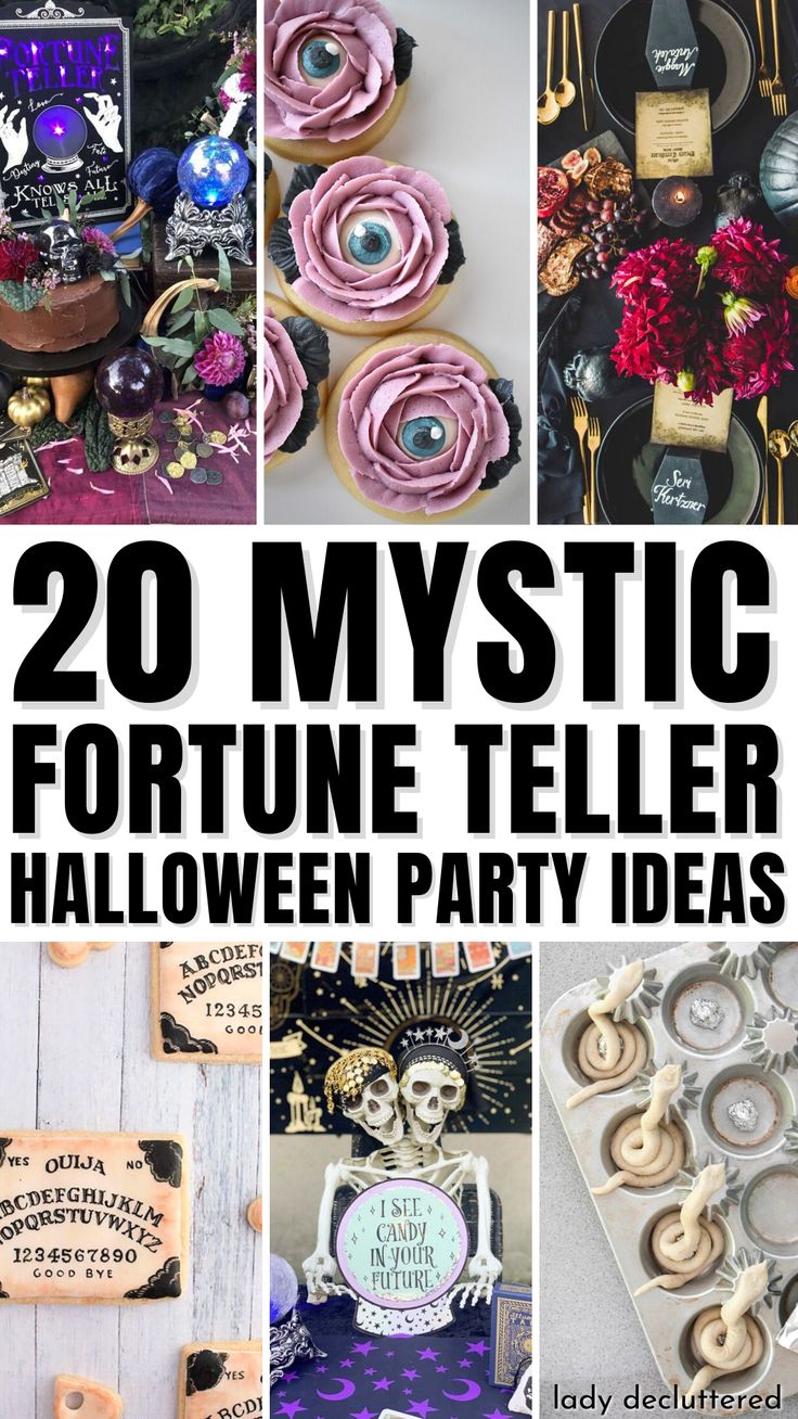 20 Mystic Fortune Teller Halloween Party Ideas Wiccan Party Ideas, Fortune Teller Skeleton, Crystal Ball Theme Party Ideas, Seance Party Decor, Psychic Party Decorations, Psychic Party Food Ideas, Tarot Card Halloween Decor, Tarot Card Theme Party, Fortune Telling Party Ideas