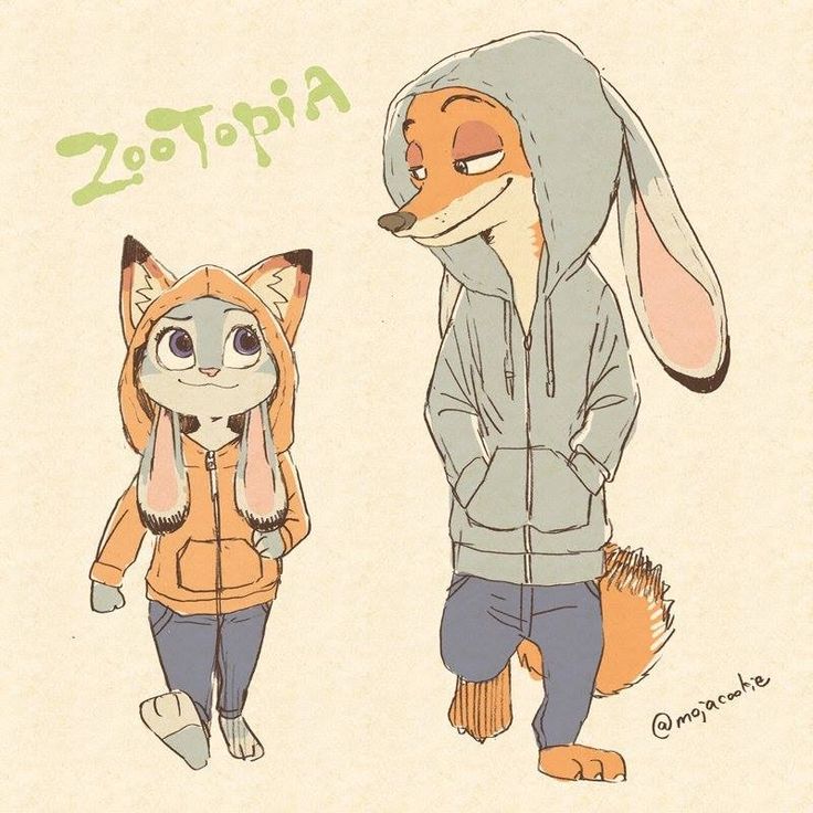 a drawing of a fox and a dog wearing hoodies with the words zootopia written on them