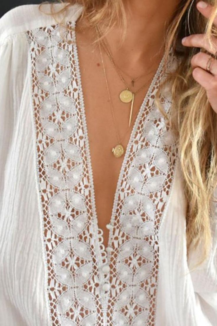 White Deep V Neckline Crochet Lace Blouse Summer V-neck Tops With Crochet Lace, Elegant V-neck Lace Top For Beach, Summer V-neck Lace Top For Brunch, Chic V-neck Lace Top For Beach, Bohemian V-neck Lace Top For Vacation, Chic Lace Top For Beach, Chic Lace Top For The Beach, Summer Crochet Lace V-neck Top, Long Sleeve Lace Top With Lace Trim For Summer