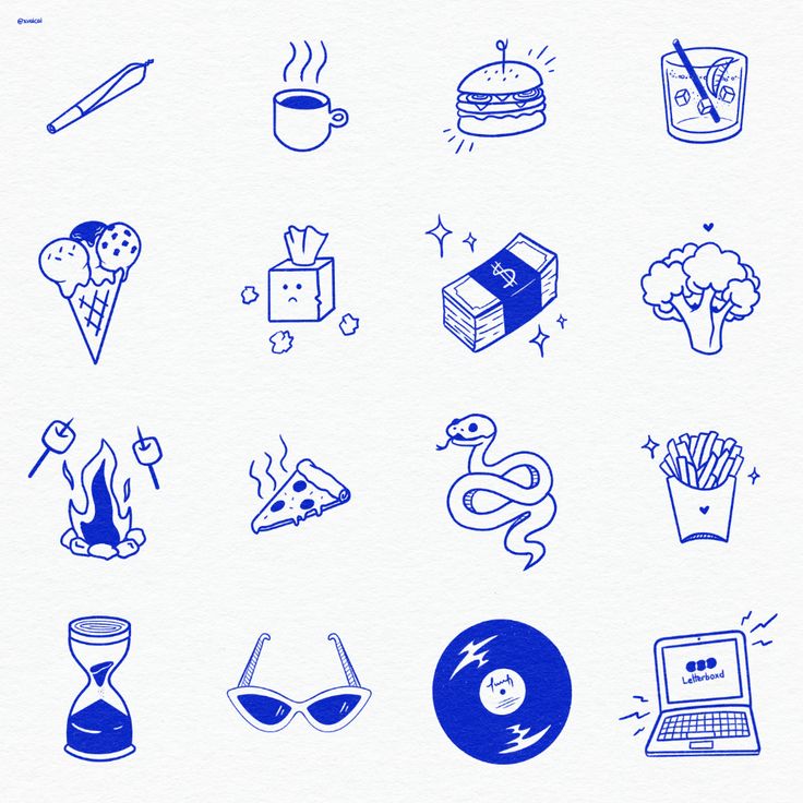 various blue and white icons on a white paper background, including pizza, soda, ice cream