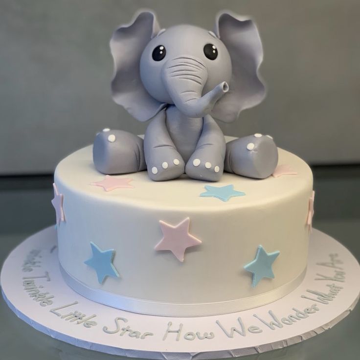 a small white cake with an elephant on top and stars around the edges, sitting on a table